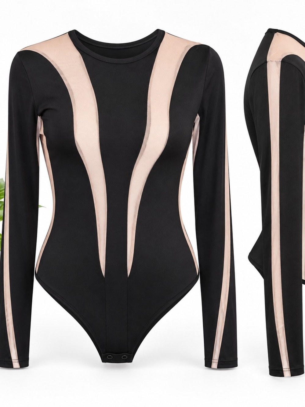 Contrast Mesh Long Sleeve Bodysuit Black & Beige